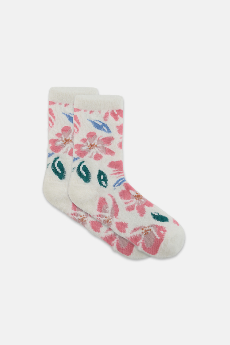 Ekru Fluffy Flower Soket Çorap