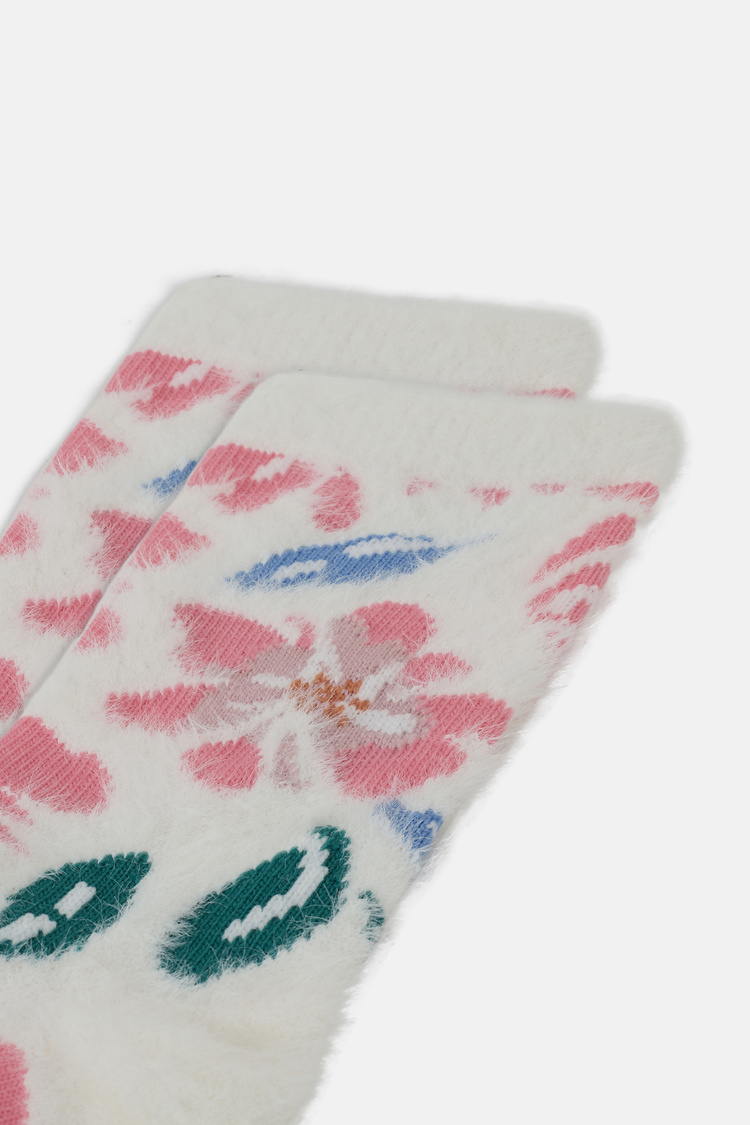 Ekru Fluffy Flower Soket Çorap