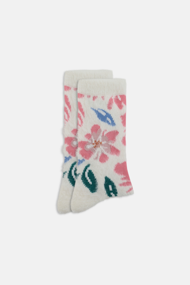 Ekru Fluffy Flower Soket Çorap