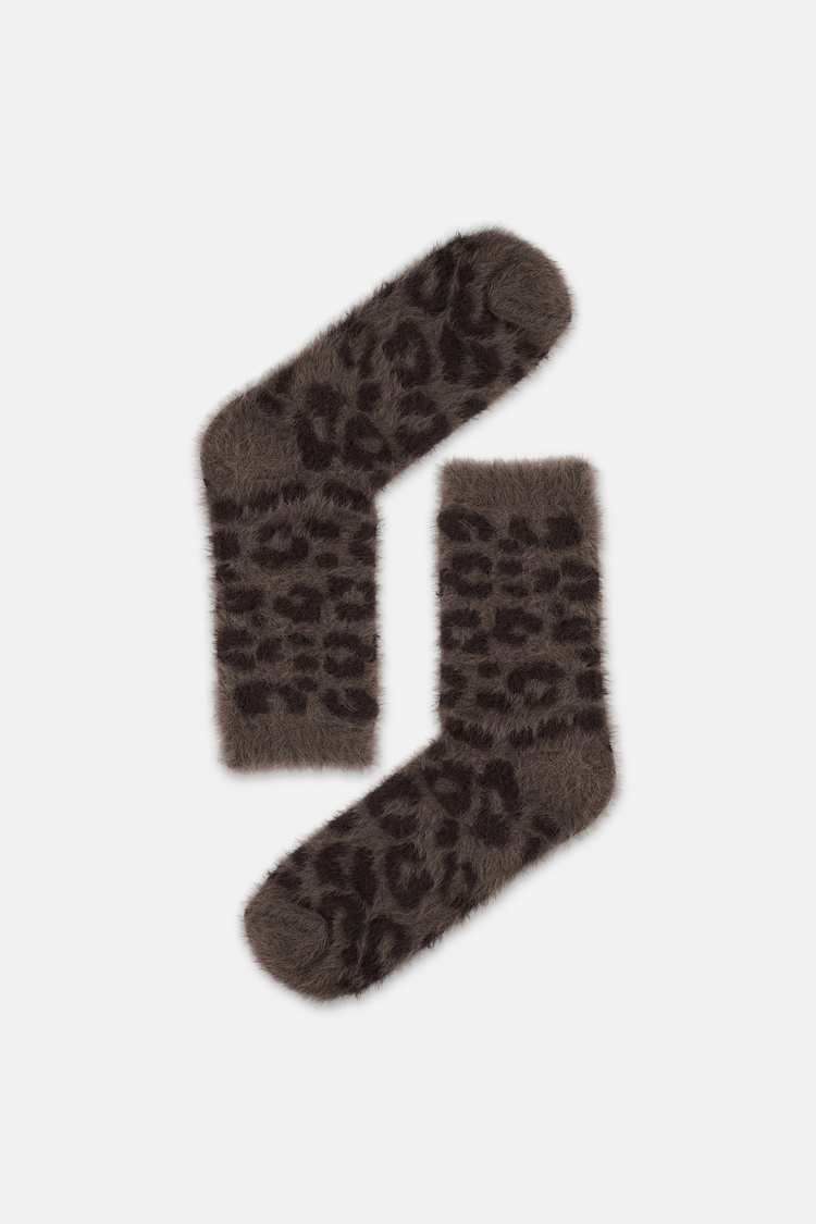 Leopar Desenli Fluffy Leo Soket Çorap