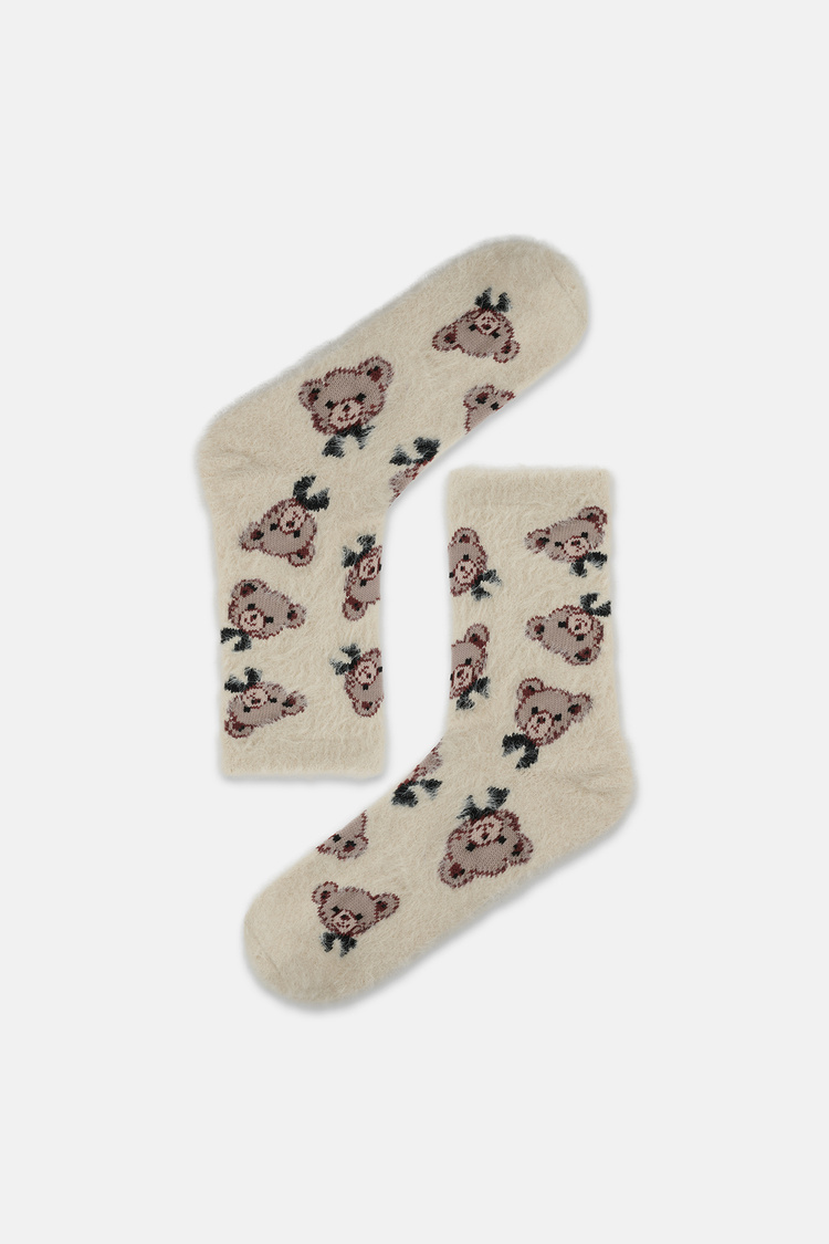 Ekru Fluffy BowBow Soket Çorap