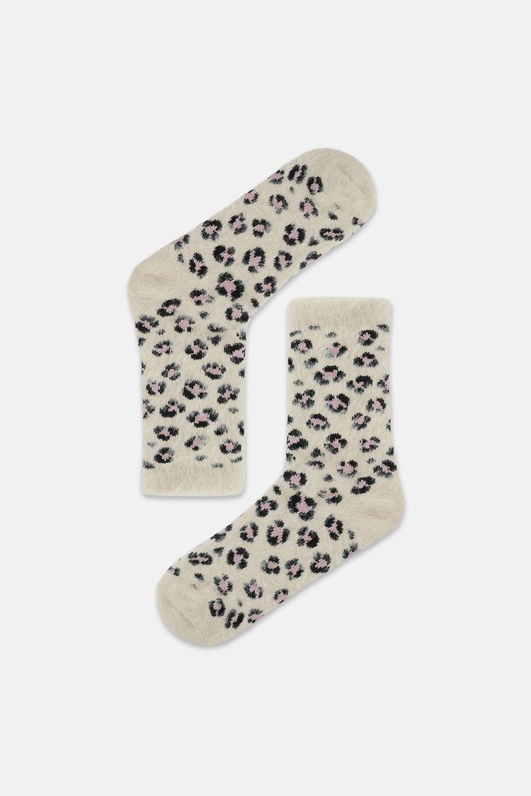 Ekru Fluffy Leopar Desenli Soket Çorap