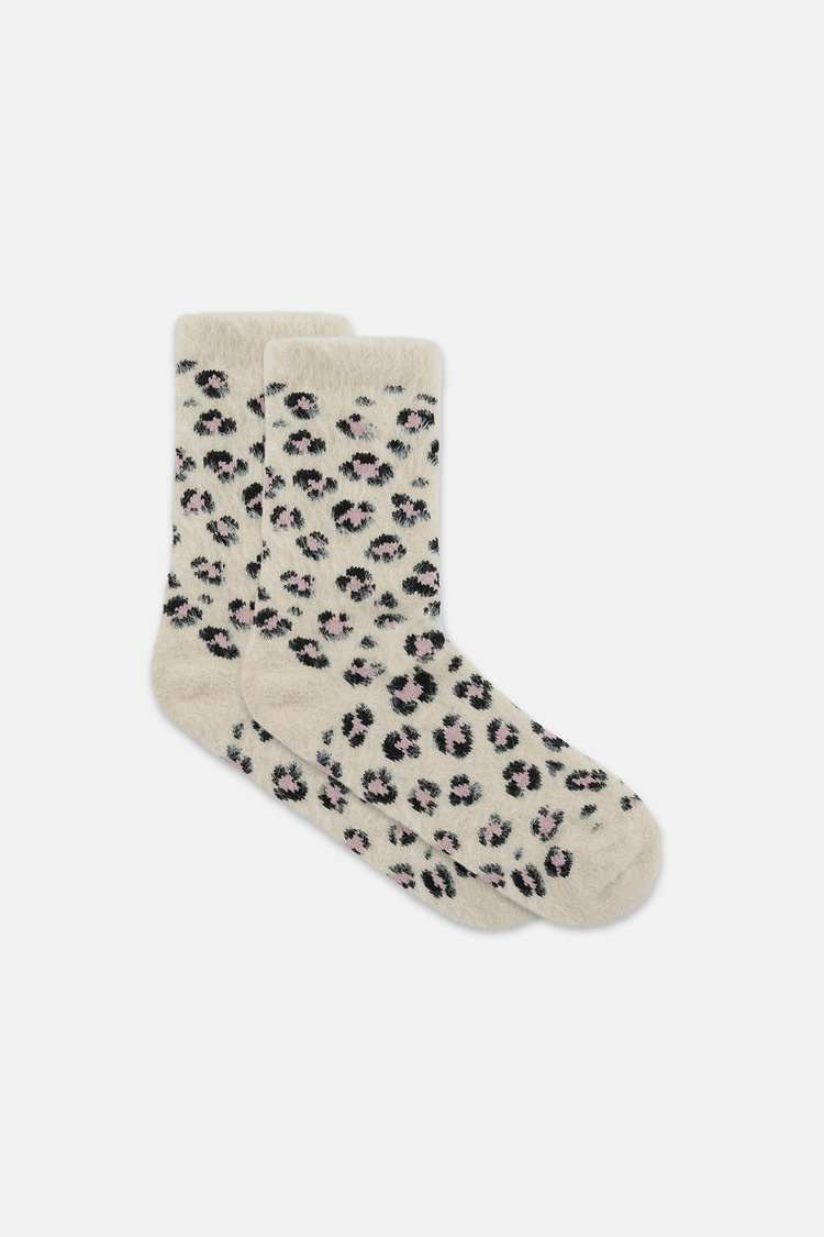 Ekru Fluffy Leopar Desenli Soket Çorap