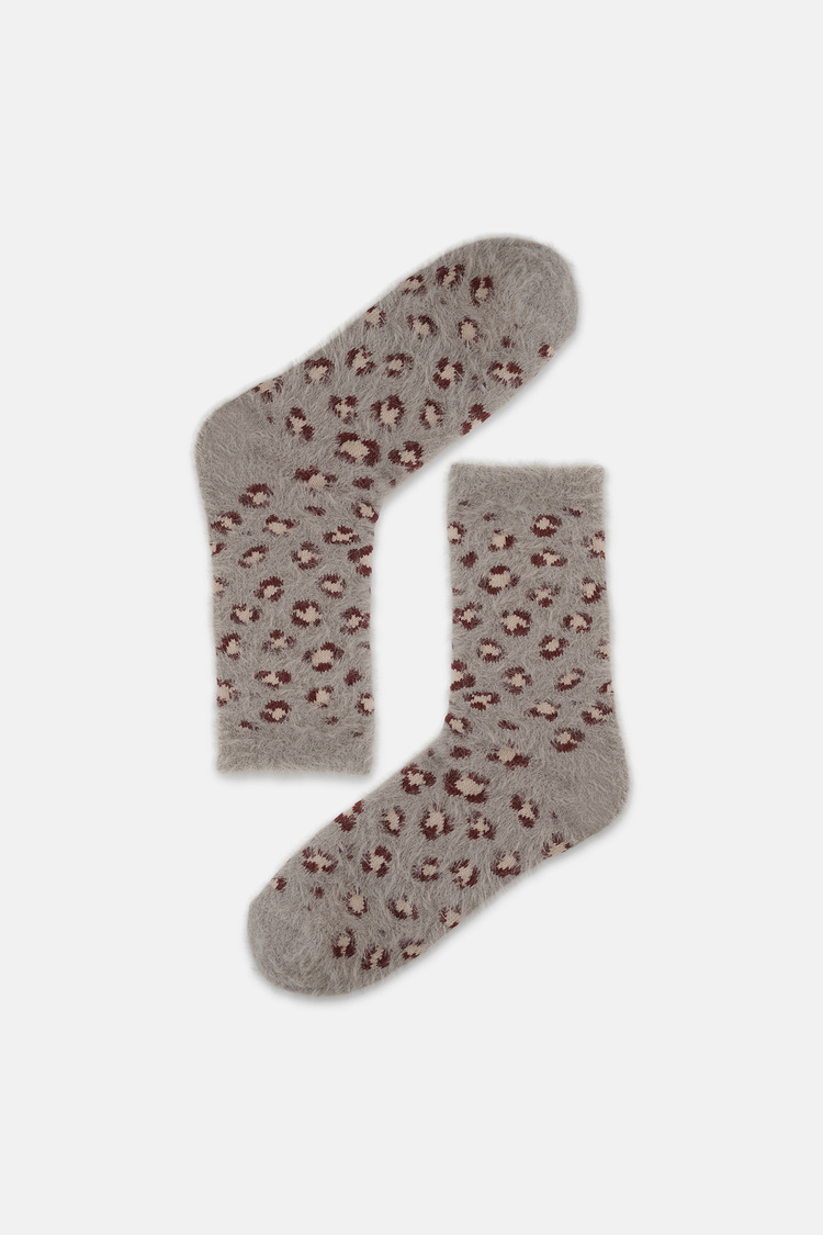 Gri Fluffy Leopar Desenli Soket Çorap