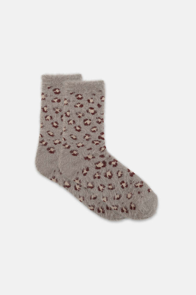 Gri Fluffy Leopar Desenli Soket Çorap