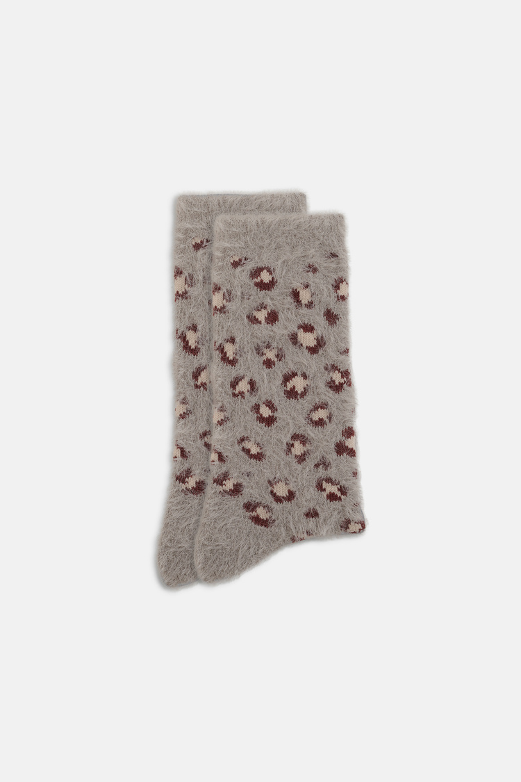 Gri Fluffy Leopar Desenli Soket Çorap