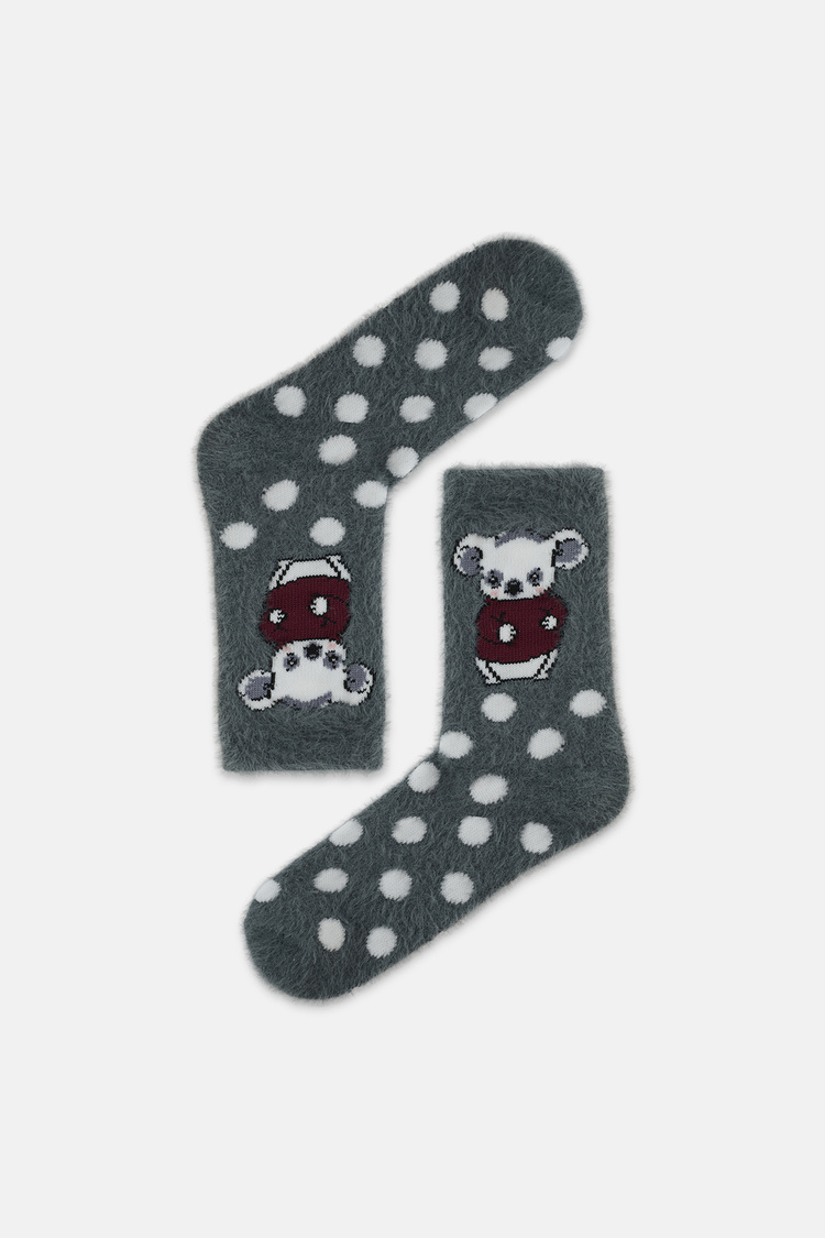 Gri Fluffy Bear Dots Soket Çorap