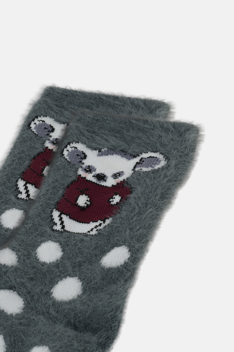 Gri Fluffy Bear Dots Soket Çorap