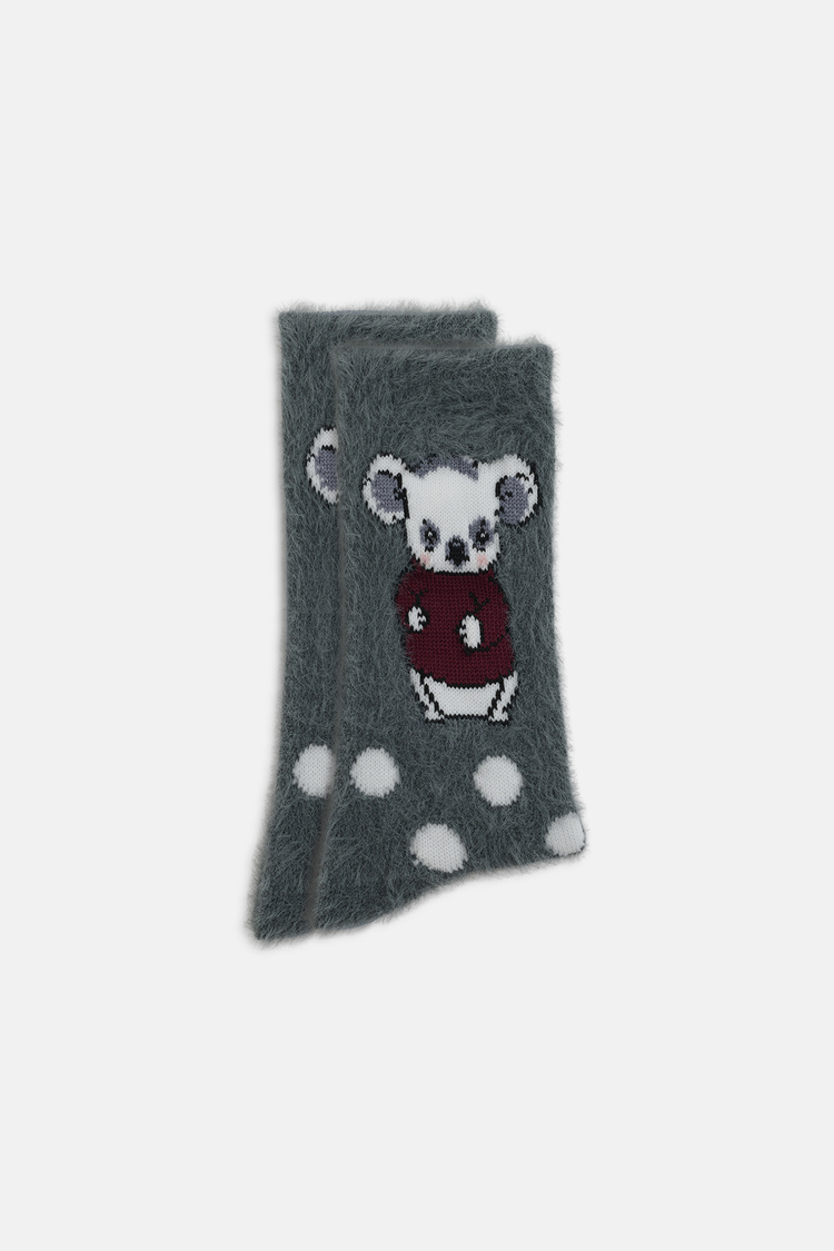 Gri Fluffy Bear Dots Soket Çorap