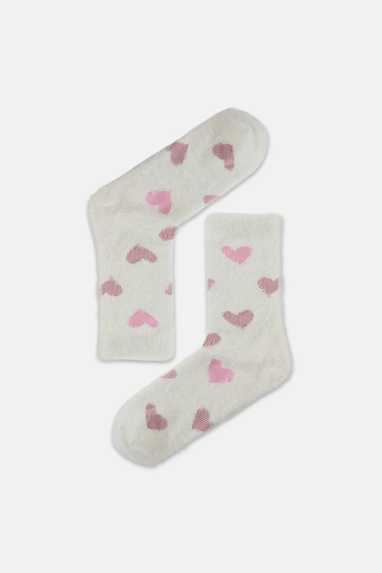Ekru Fluffy Hearts Soket Çorap