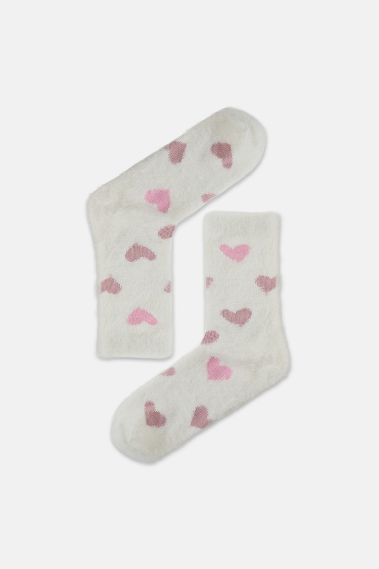 Ekru Fluffy Hearts Soket Çorap