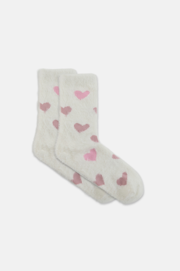 Ekru Fluffy Hearts Soket Çorap