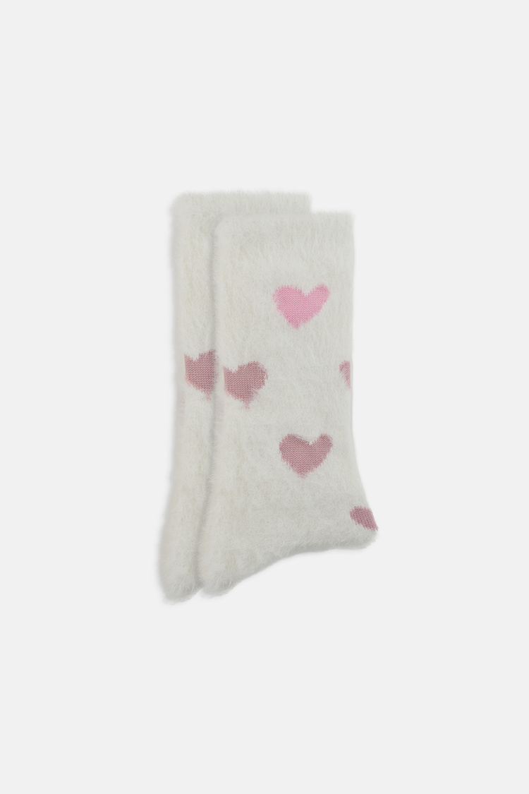 Ekru Fluffy Hearts Soket Çorap