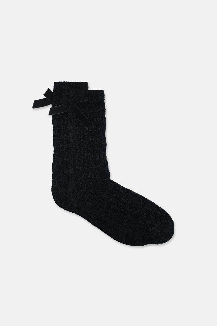 Siyah Fluffy Velvet Ribbon Soket Çorap