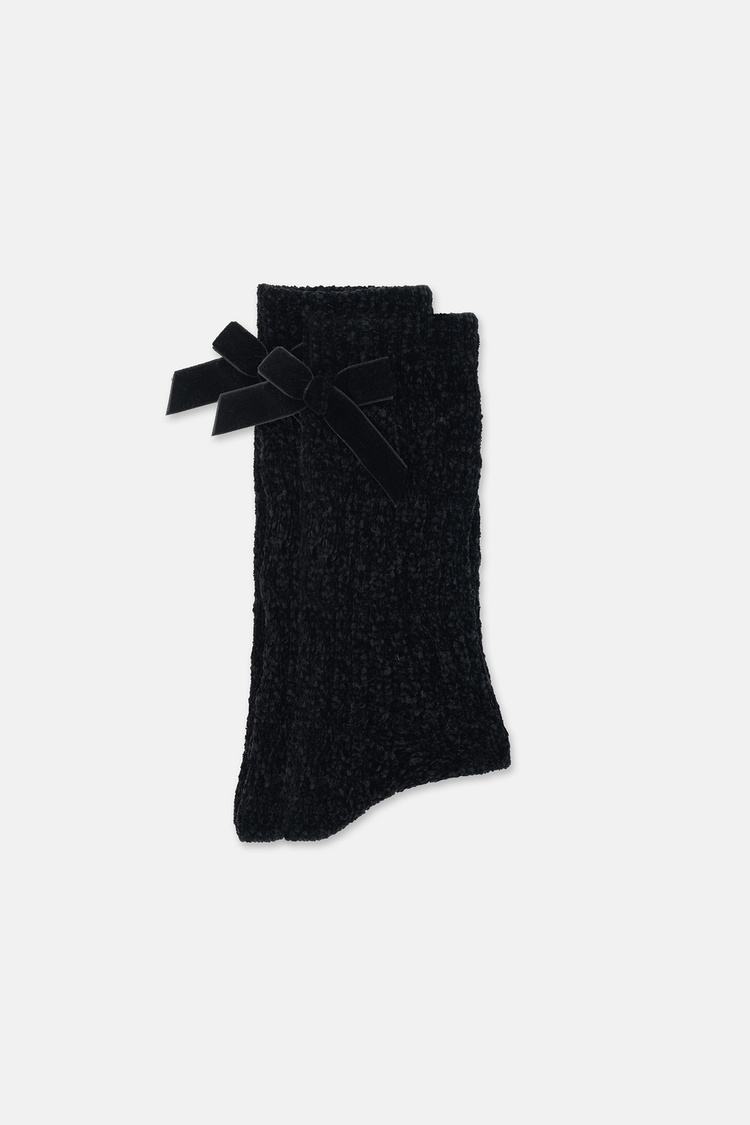 Siyah Fluffy Velvet Ribbon Soket Çorap