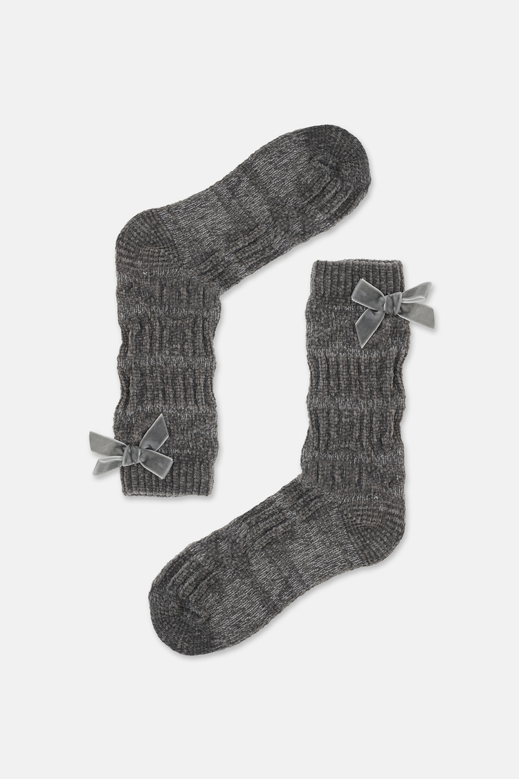 Gri Fluffy Velvet Ribbon Soket Çorap