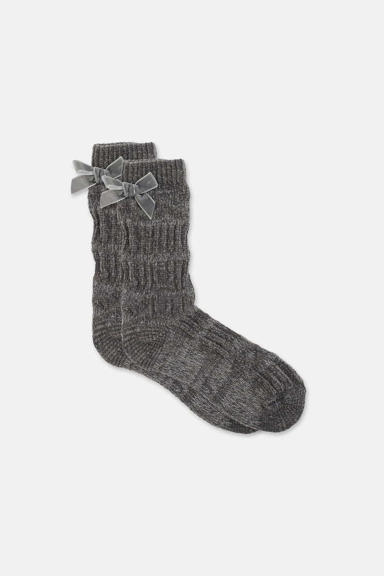Gri Fluffy Velvet Ribbon Soket Çorap