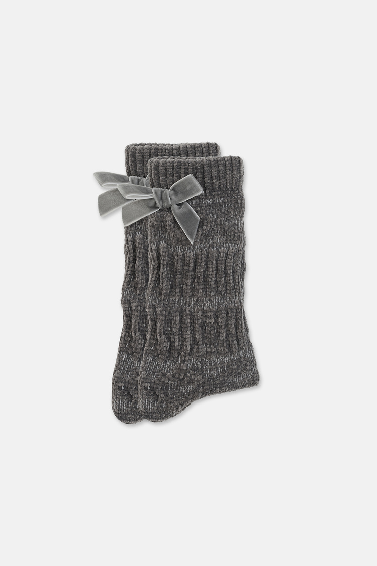 Gri Fluffy Velvet Ribbon Soket Çorap