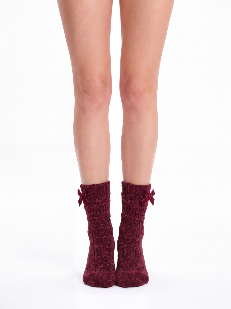 Bordo Fluffy Velvet Ribbon Soket Çorap