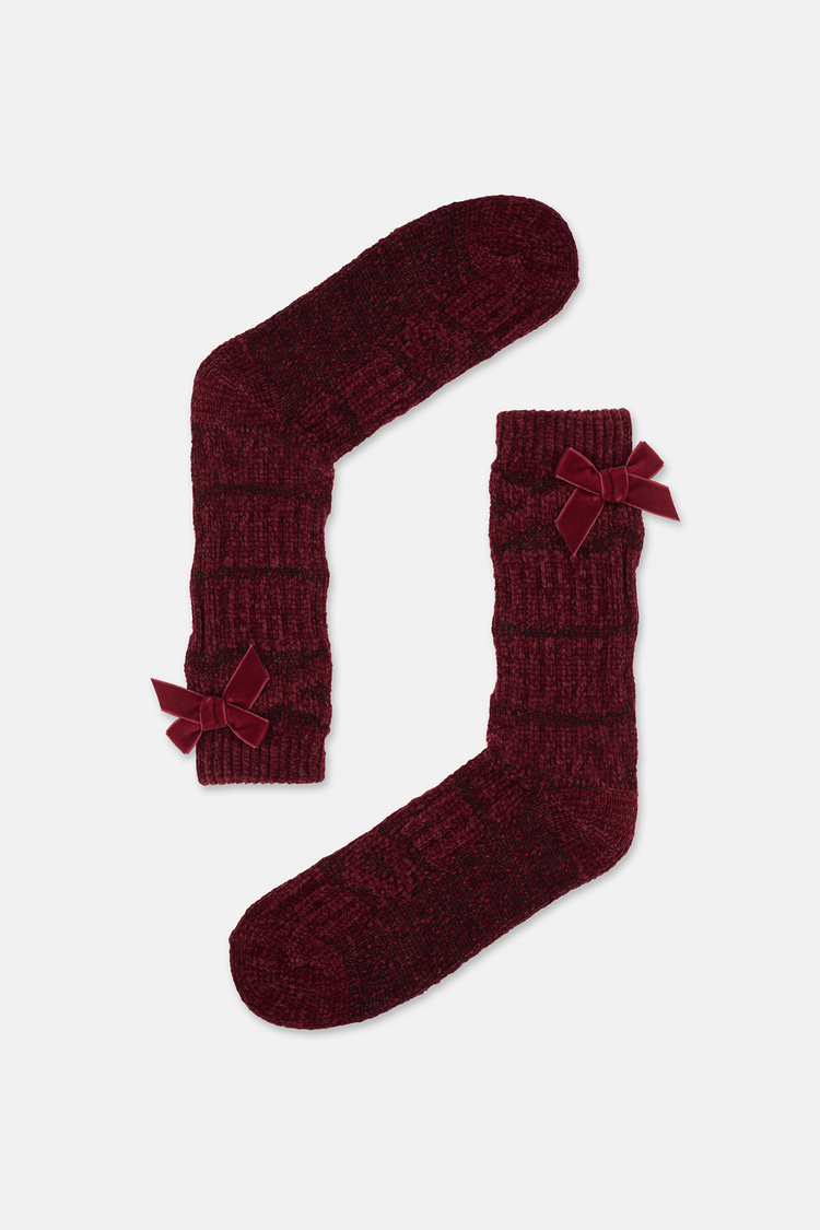 Bordo Fluffy Velvet Ribbon Soket Çorap