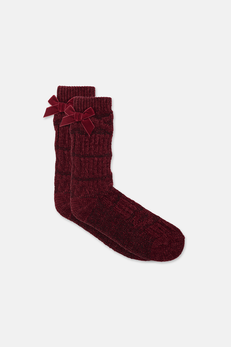 Bordo Fluffy Velvet Ribbon Soket Çorap