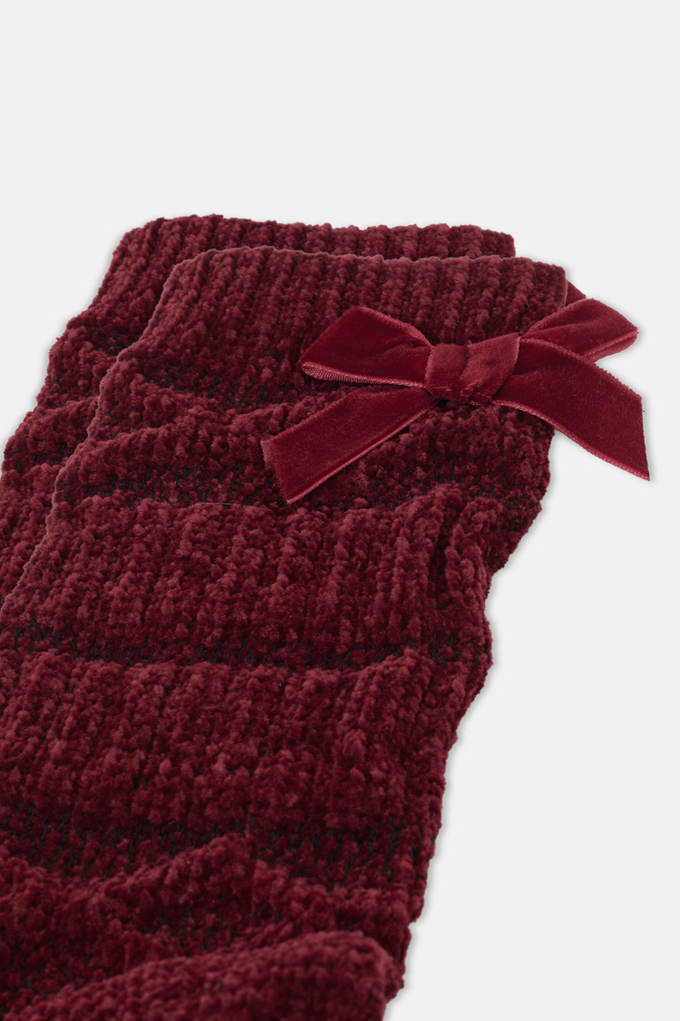 Bordo Fluffy Velvet Ribbon Soket Çorap
