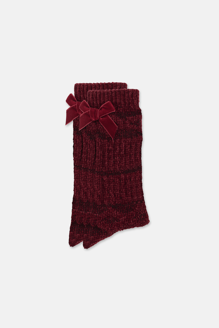 Bordo Fluffy Velvet Ribbon Soket Çorap