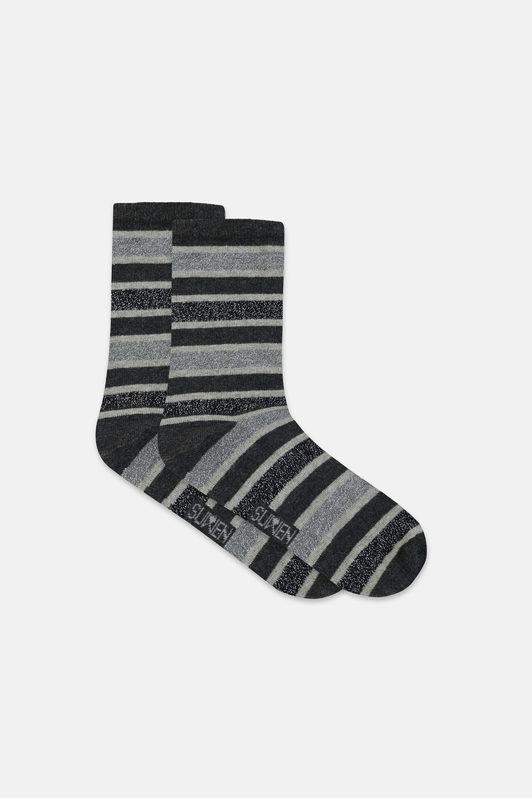 Gri Lurex Çizgili Soket Çorap