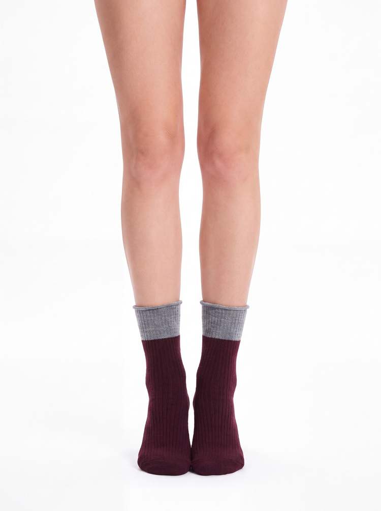 Gri / Bordo 2'li Colorblock Soket Çorap