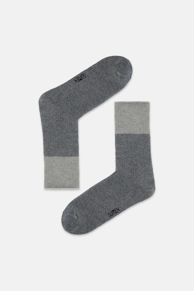Gri / Bordo 2'li Colorblock Soket Çorap