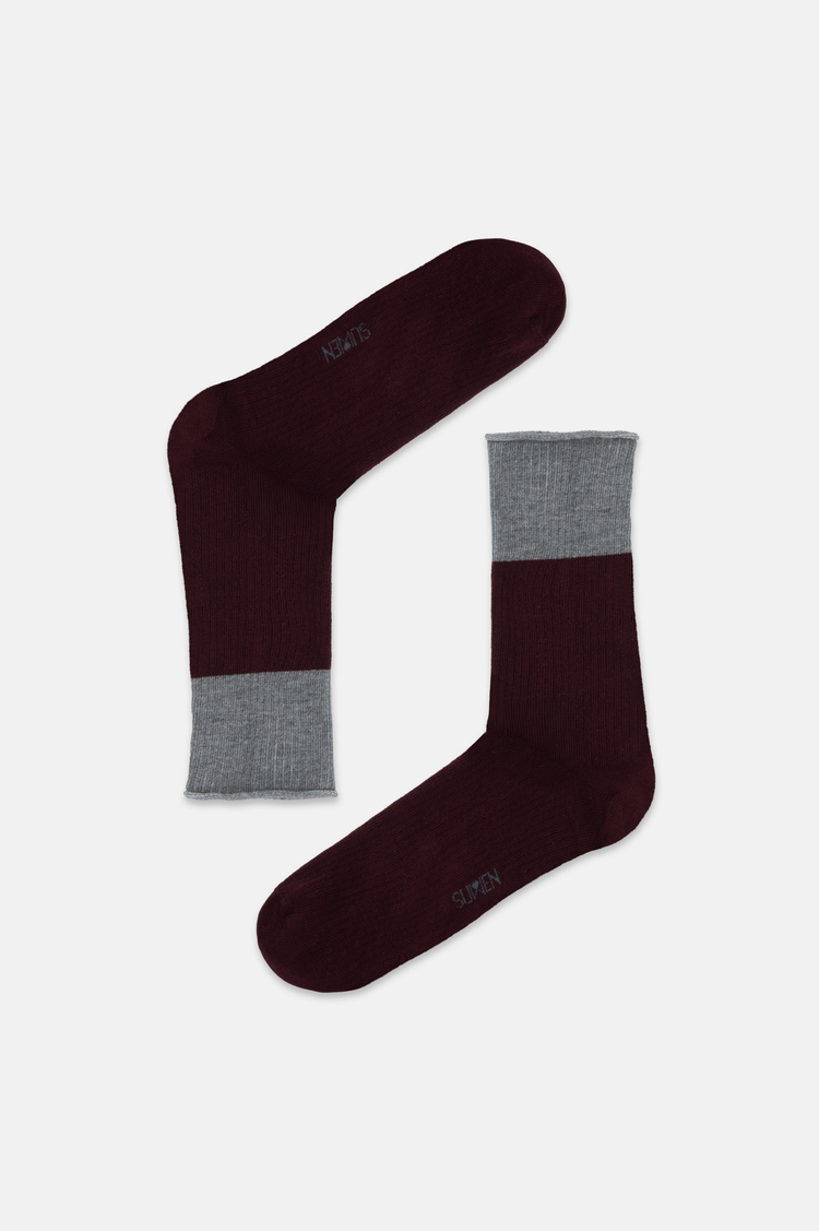 Gri / Bordo 2'li Colorblock Soket Çorap