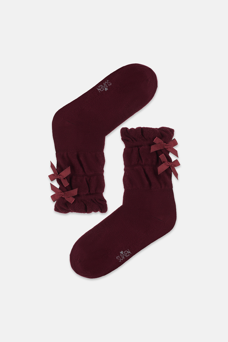 Bordo Çift Fiyonk Detaylı Soket Çorap