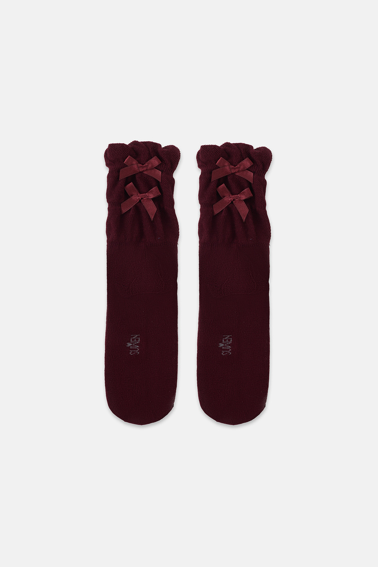 Bordo Çift Fiyonk Detaylı Soket Çorap