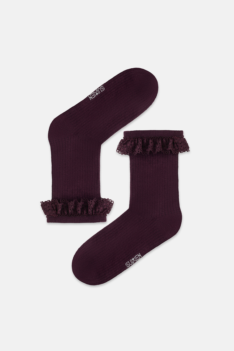 Bordo Dantel Detaylı Soket Çorap