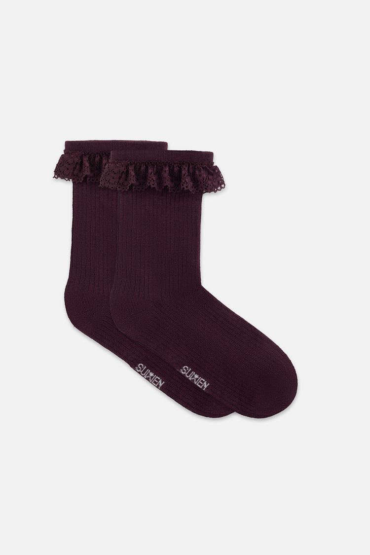 Bordo Dantel Detaylı Soket Çorap