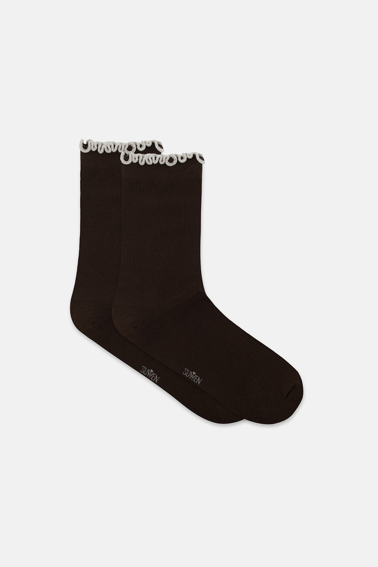 Kahverengi Elegant Fırfırlı Soket Çorap