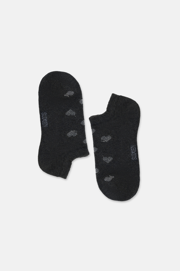 Koyu Gri Lurex Simli Kalp Desenlii Sneaker Çorap