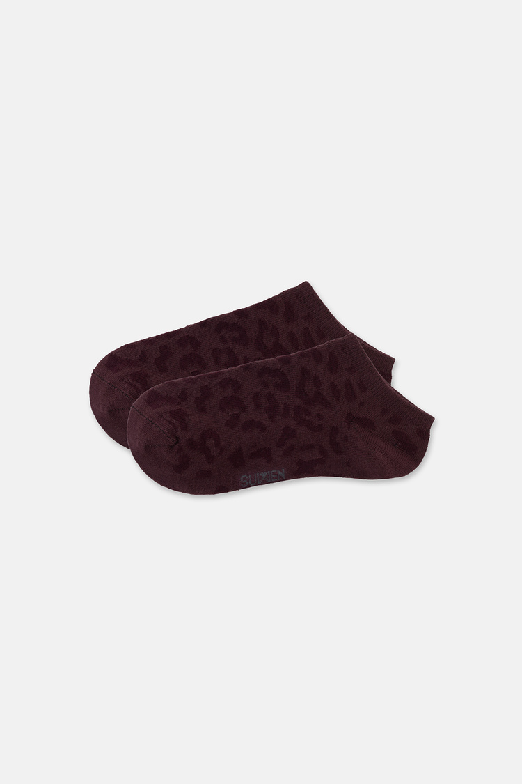 Bordo Leopar Desenli Patik Çorap