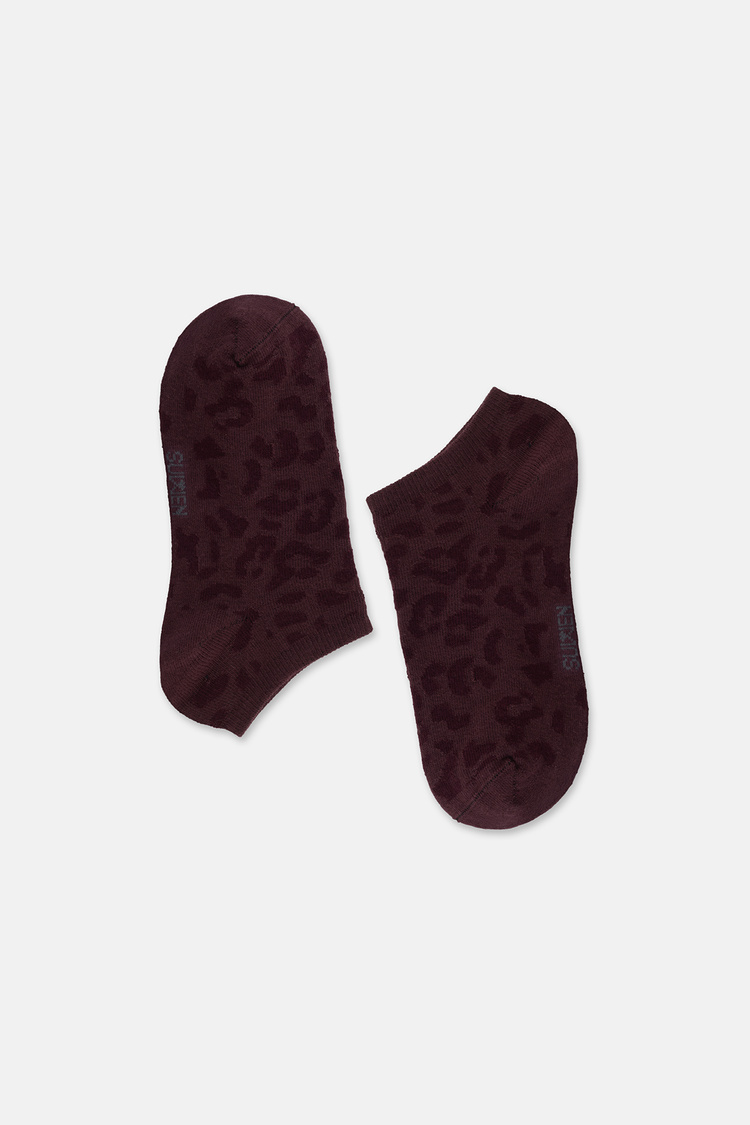Bordo Leopar Desenli Patik Çorap