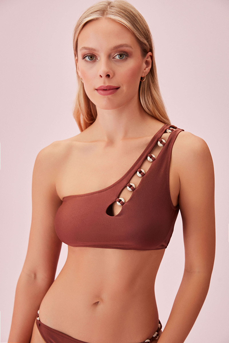 Kahverengi Maya Tek Omuz Aksesuarlı Bralet Bikini Üst