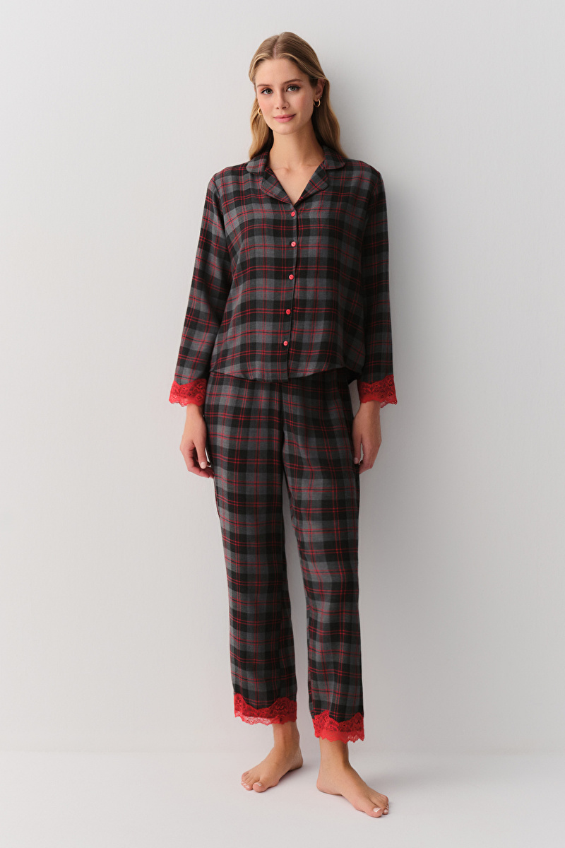 Gri Melanj Ekoseli Feel Gömlek Yaka Pijama Takımı