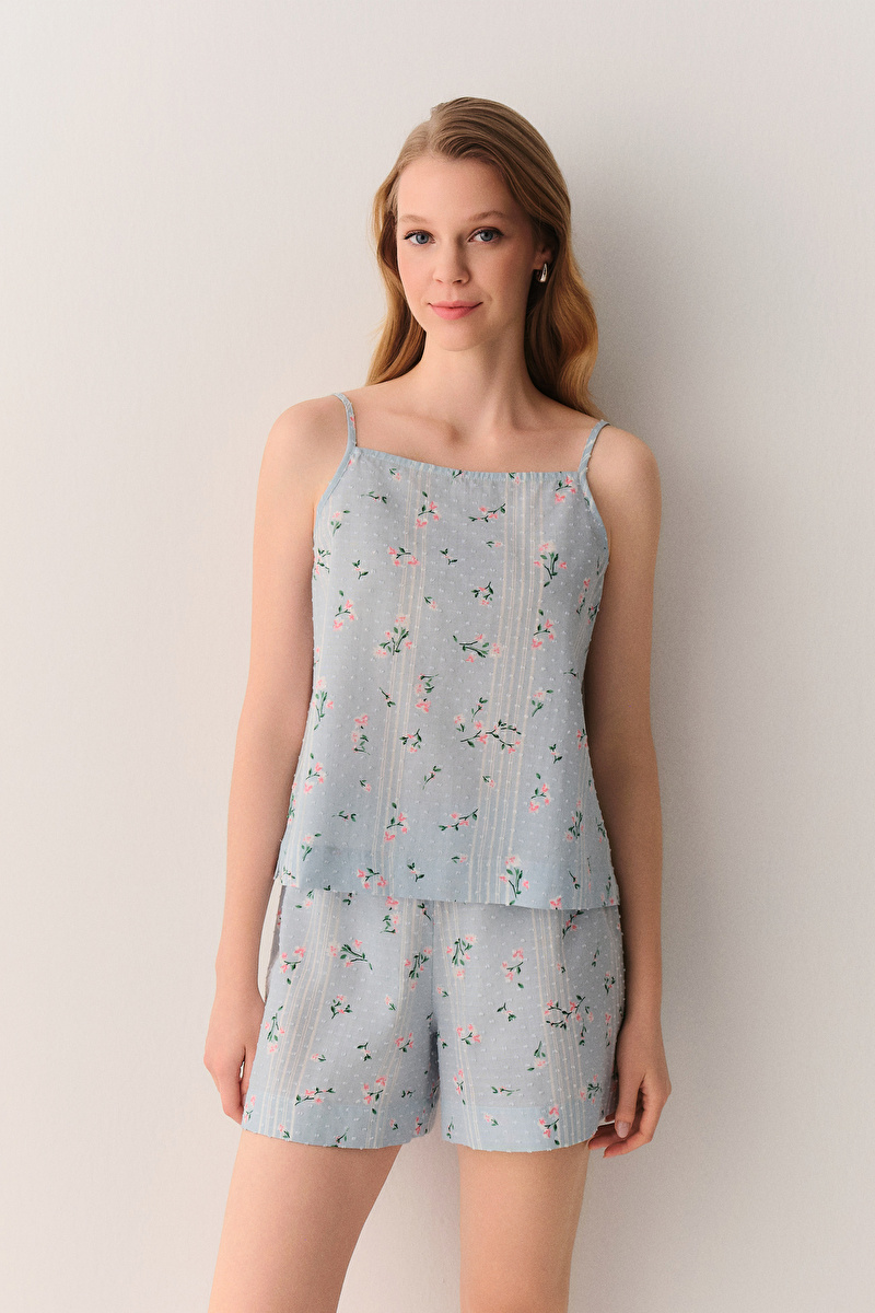 Mavi Desenli Pretty Pamuklu Atlet Şort Pijama Takımı