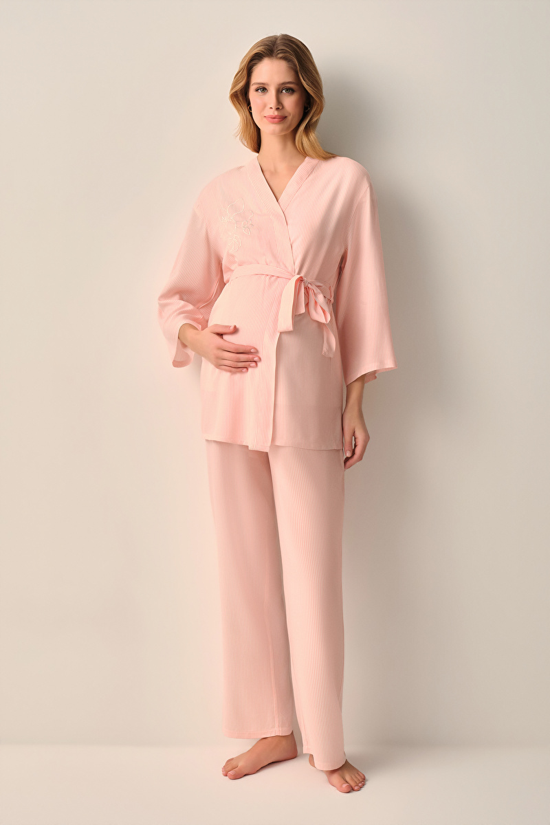 Pembe Çizgili Stripe Hamile Lohusa Sabahlık