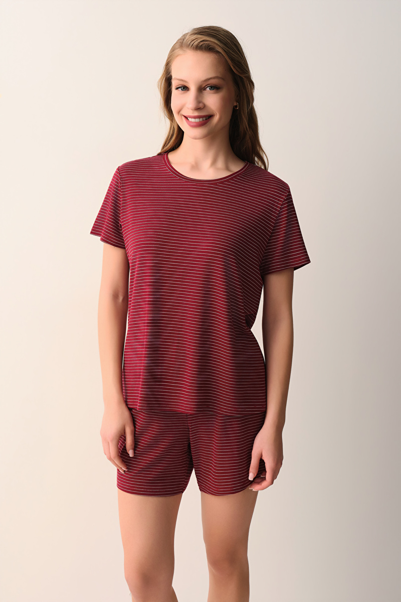 Ekru Çizgili Casual Şort Pijama Takımı