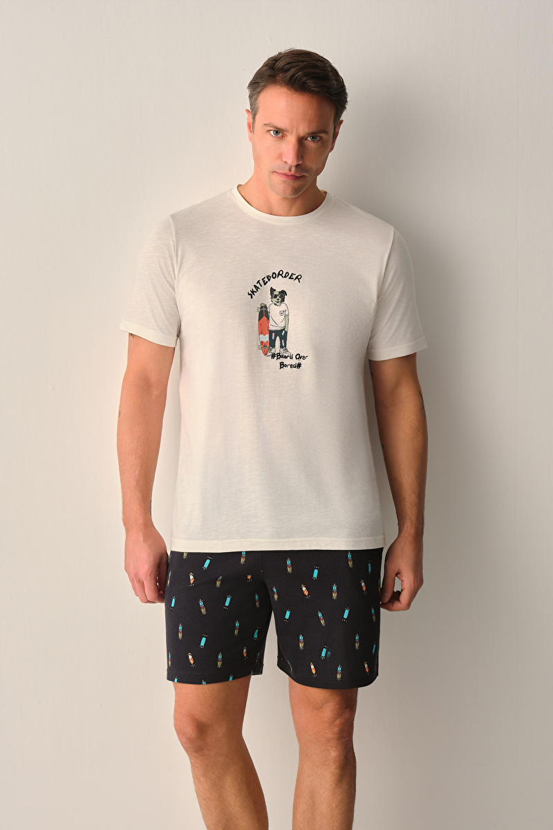 Lacivert Desenli Skate Erkek Pamuklu Şort Pijama Takımı