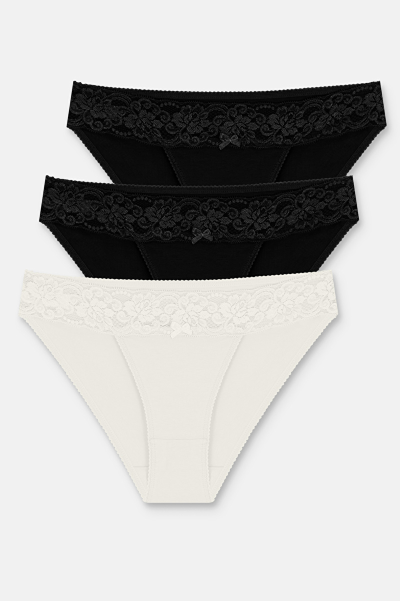 Siyah / Siyah / Ekru 3'lü Pamuklu Dantelli Normal Bel Slip Külot