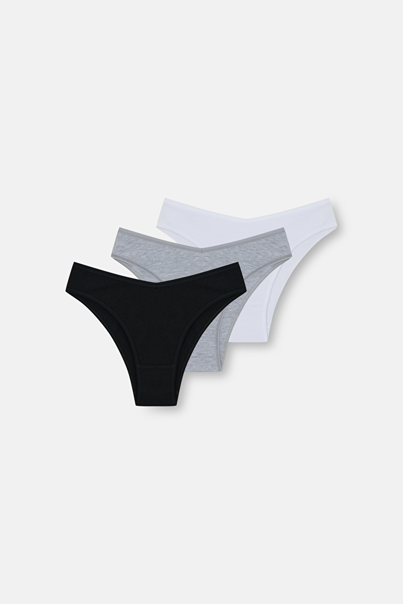 Siyah / Gri / Beyaz 3'lü Pamuklu Brazilian Slip Külot
