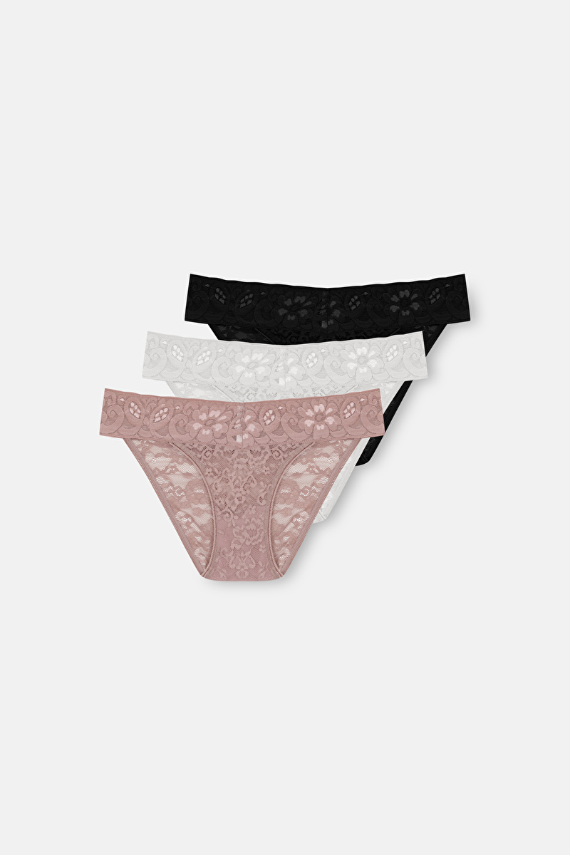 Siyah / Ekru / Ten 3'lü Dantelli Normal Bel Slip Külot