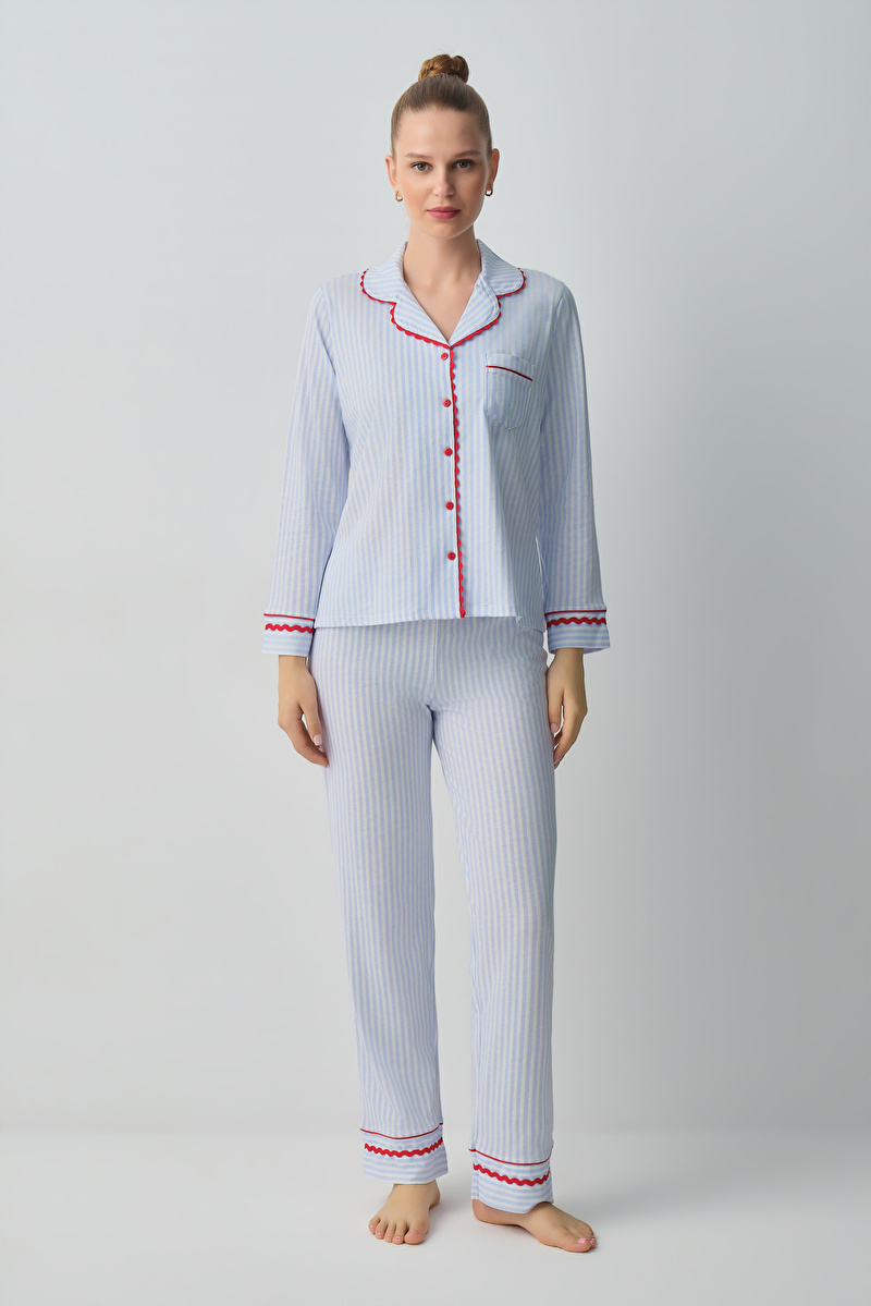 Mavi Çizgi Baskılı Tiny Gömlek Yaka Pamuklu Pijama Takımı