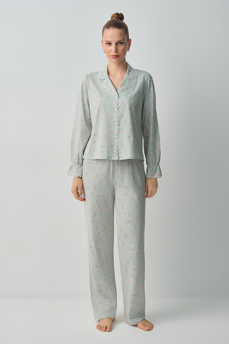 Yeşil Desenli Julia Pamuklu Gömlek Yaka Pijama Takımı